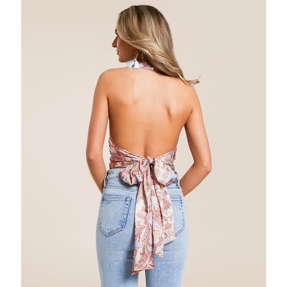 WILLOW & ROOT Taupe Pink Blue Paisley Satin Cropped Halter V-Neck Halter Top L - Picture 2 of 9